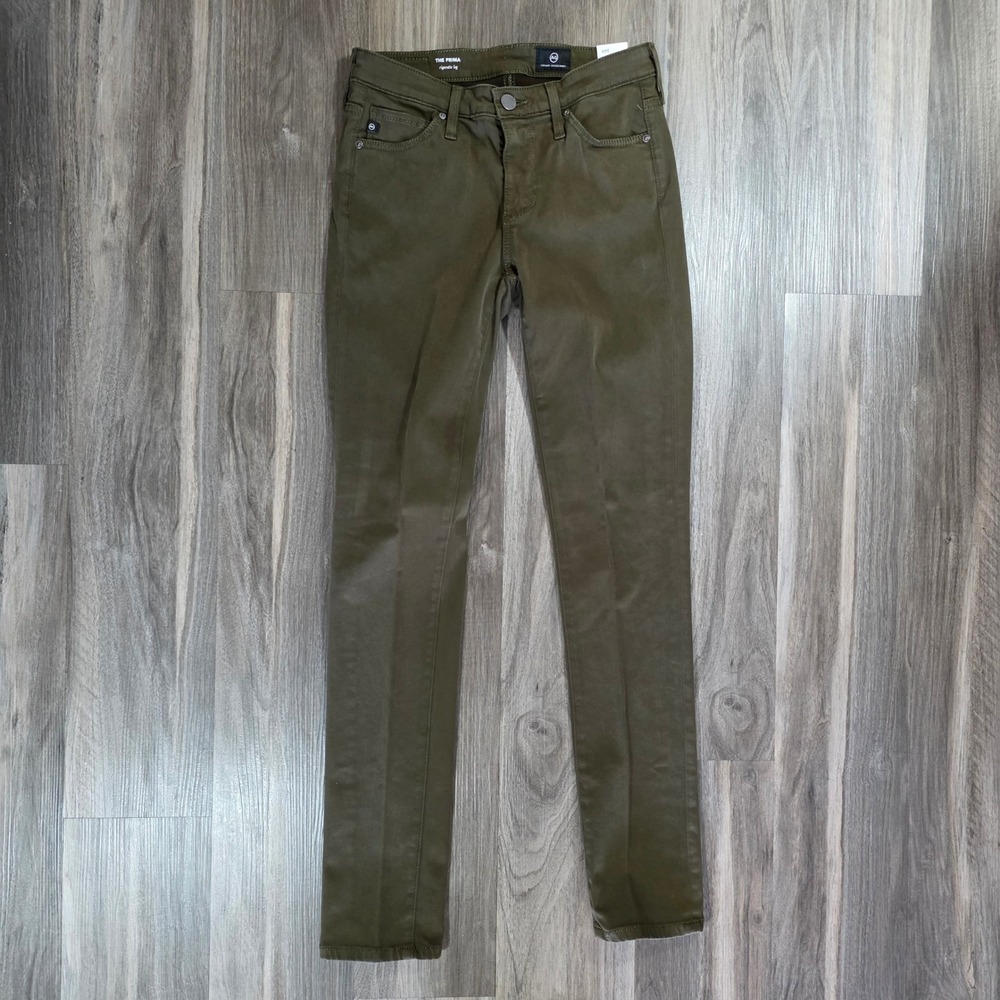 AG Adriano Goldschmied The Prima‎ Cigarette Leg Olive Green Sateen Jeans 24R